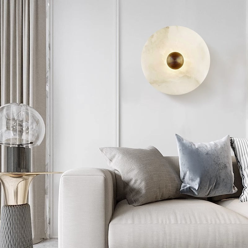 Minimalist round marble wall lamp with LED light for bedroom and living room